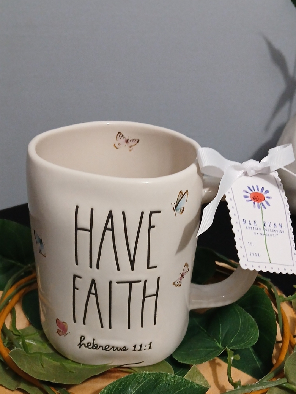 NEW! Rae Dunn Ceramic Mug with 'HAVE FAITH' Text and Butterfly Accents NWT